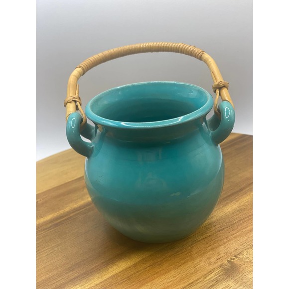 Vintage Stamped Handmade Swedish Teal Glazed Small Clay Pot with Wicker Handle - Picture 2 of 9
